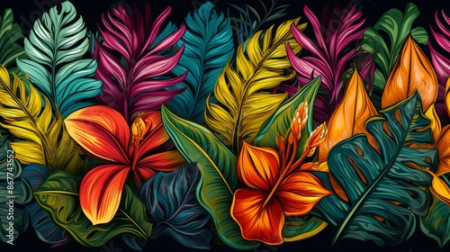 This image displays vibrant tropical leaves and flowers with dramatic colors, providing a richly saturated and lush composition, perfect for nature-inspired design and decor projects. © Major