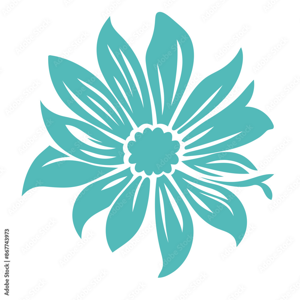 A large teal-colored flower with multiple petals and a white center