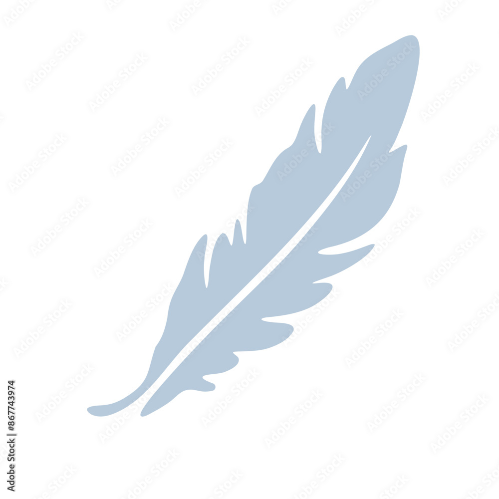 A gray feather floating against a white background A gray feather floating against a white background