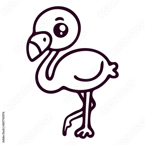 A simple black and white cartoon-style illustration of a cute ostrich with a large eye and small beak photo