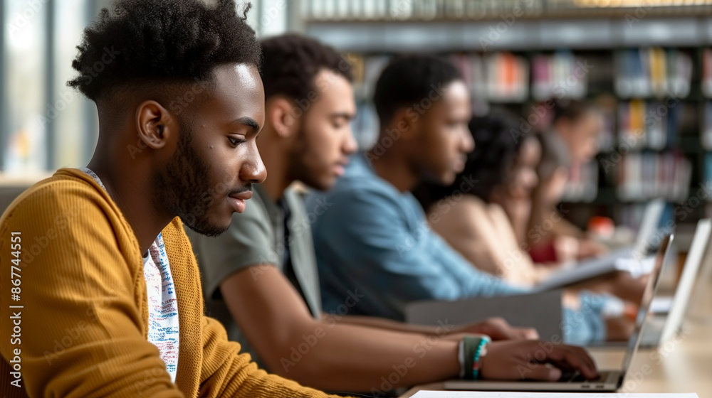 group of young adults of various ethnicities engaged in a lively discussion over laptops and books in a modern college library setting group of young adults of various ethnicities engaged in a lively discussion over laptops and books in a modern college library setting