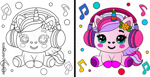 Cute unicorn with headphones. Coloring page. Vector illustration.