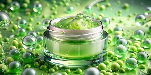 Vibrant green gel serum with hyaluronic acid and oxygen bubbles in a transparent cream texture, evoking wellness, beauty, and sanitizing virus protection for radiant skin. photo