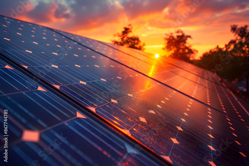 Instalación de paneles solares fotografiados al atardecer amanecer