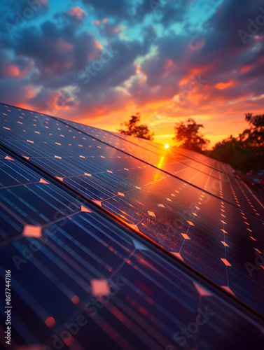 Instalación de paneles solares fotografiados al atardecer amanecer photo