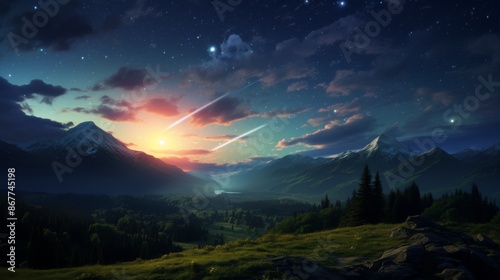 Wallpaper Mural A mesmerizing sunset over a valley surrounded by mountains, punctuated by a stunning display of shooting stars, offering a glimpse into nature's grandeur. Torontodigital.ca