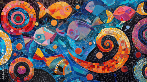 Mosaic artwork of colorful, swirling patterns and colorful sea fish 