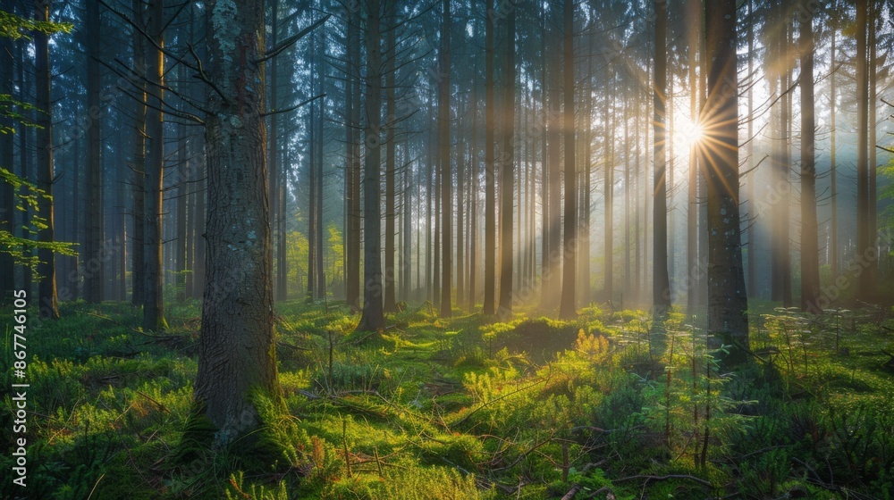 Obraz premium A misty forest is gently illuminated by the soft, golden rays of the morning sun, creating an ethereal and peaceful atmosphere amidst the tall trees and green undergrowth.