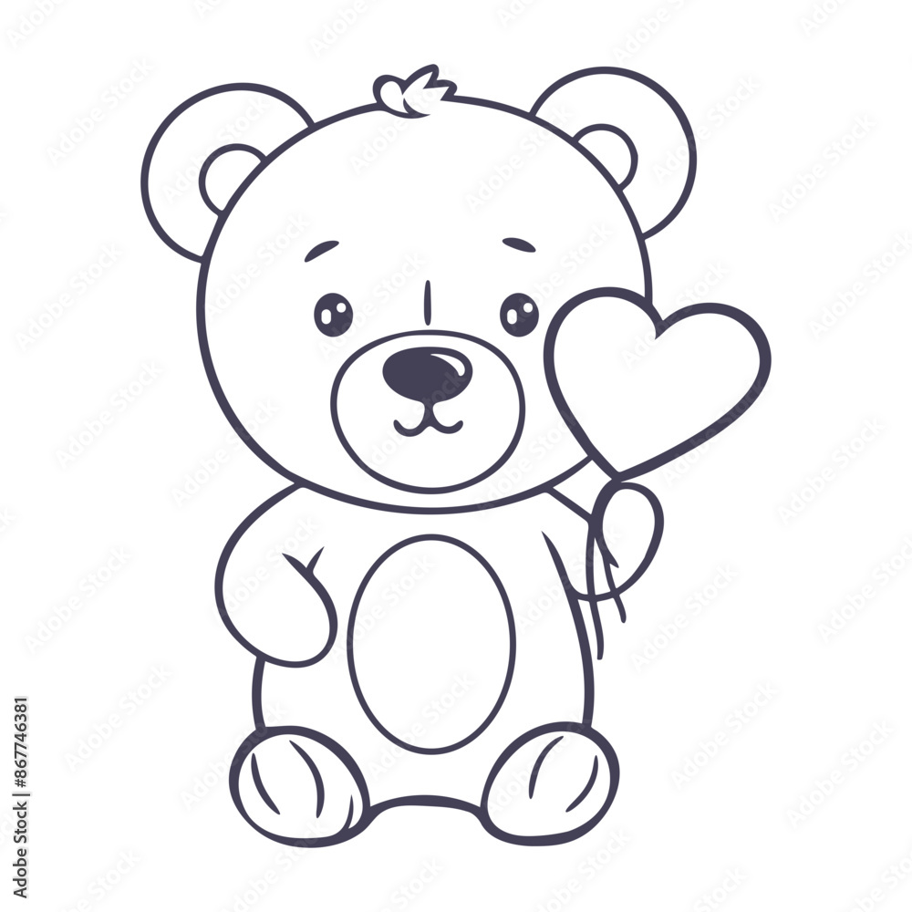 A cute gray teddy bear holding a heart-shaped balloon