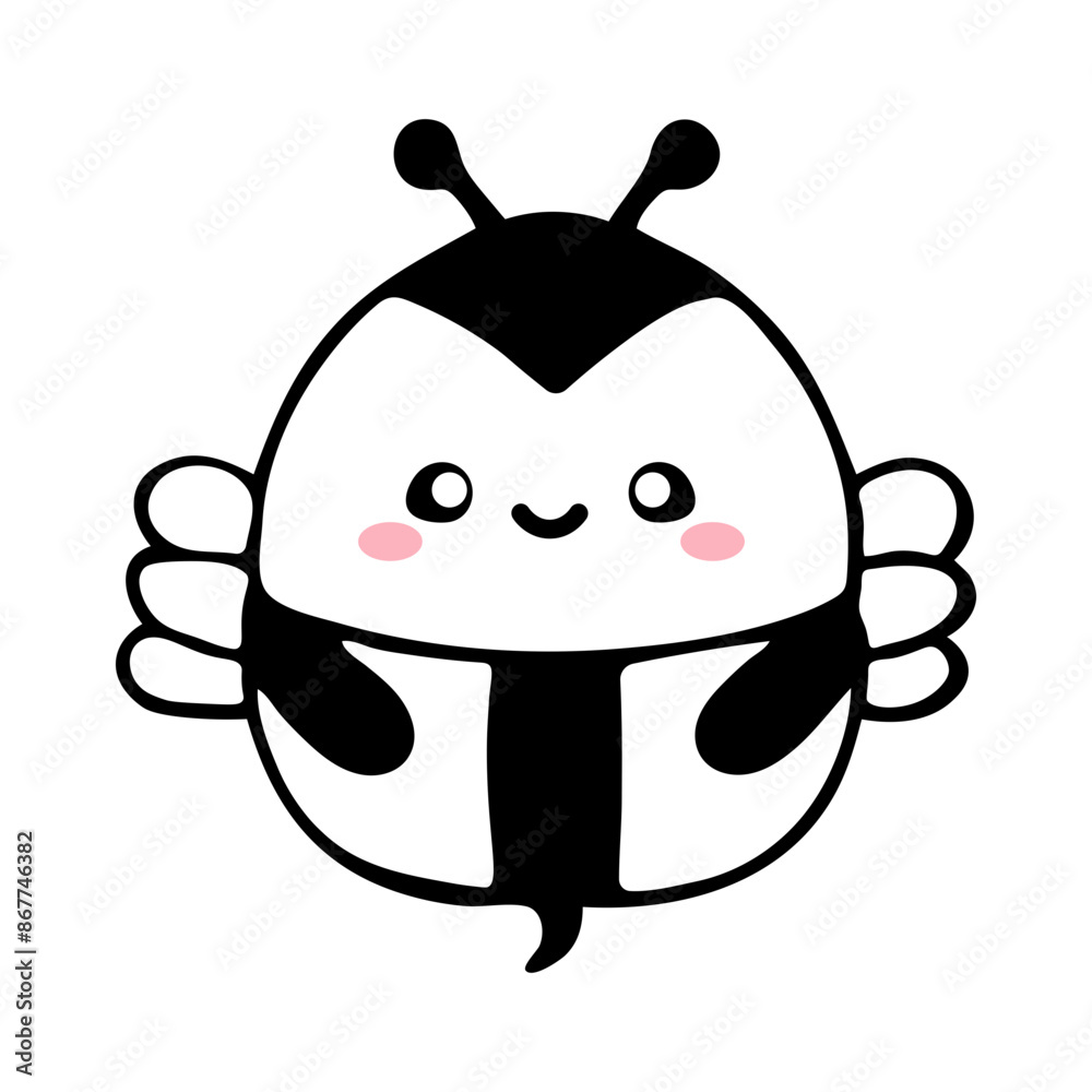 A cute and friendly black and white bee character with large eyes and a smiling expression A cute and friendly black and white bee character with large eyes and a smiling expression