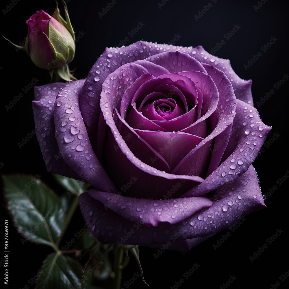purple roses with water drops on them and a black background. purple roses with water drops on them and a black background.