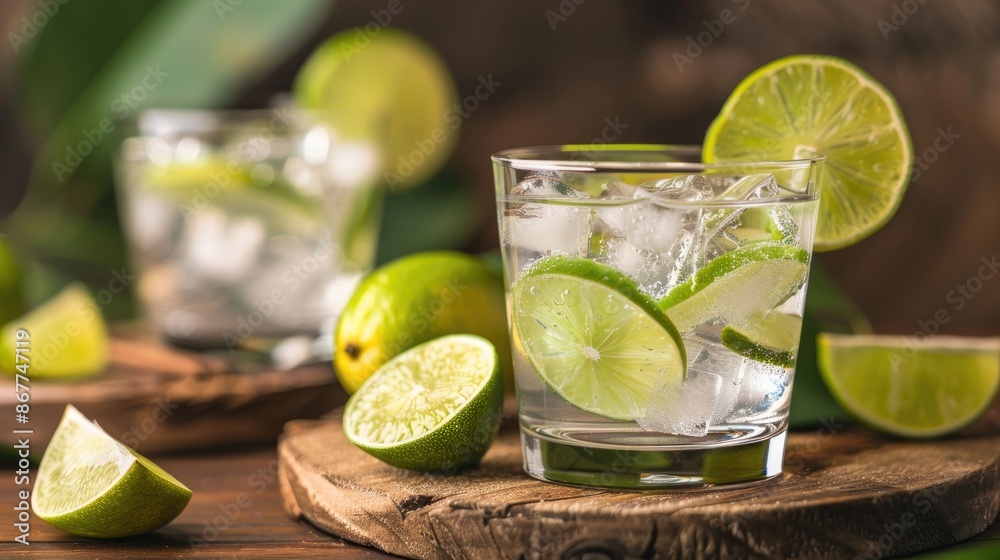 Gin and tonic with lime slices on wooden surface and backdrop Gin and tonic with lime slices on wooden surface and backdrop