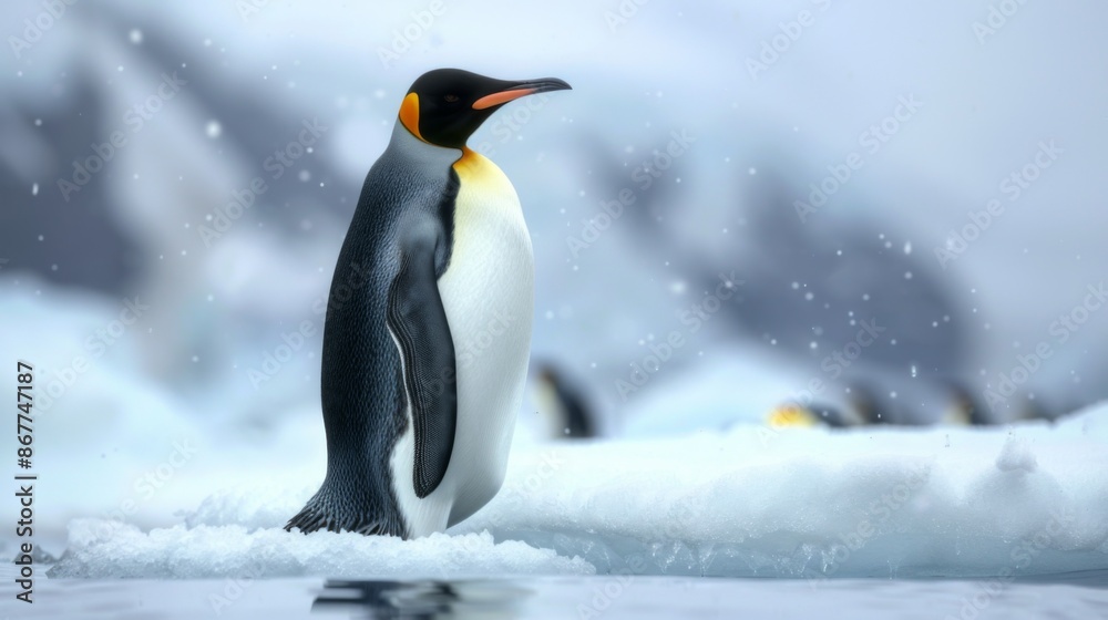 Fototapeta premium An emperor penguin standing proudly on the ice in a snowy landscape, showcasing the beauty of arctic wildlife. The image highlights the penguin's regal stance and natural habitat.