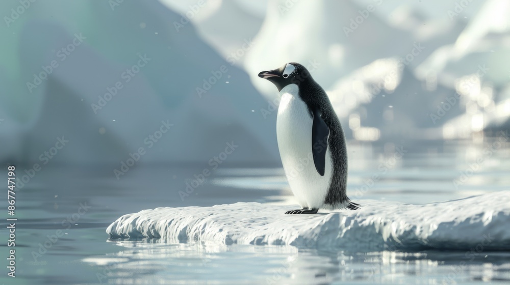 Obraz premium A solitary penguin perched on a piece of ice, surrounded by an expansive, snowy, and icy backdrop. The image highlights the isolation and serenity of the arctic environment.