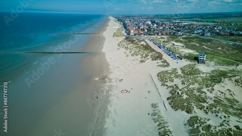 Spectacular aerial view of a Belgian beach! The sandy shores of the North Sea in full glory - the perfect spot to relax and admire nature photo