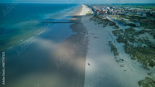 Spectacular aerial view of a Belgian beach! The sandy shores of the North Sea in full glory - the perfect spot to relax and admire nature photo