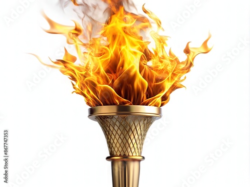 Vibrant Olympic flambeau against a crisp white background, its bold, bright flames and golden accents embodied in a symbol of victory, pride, and timeless tradition.