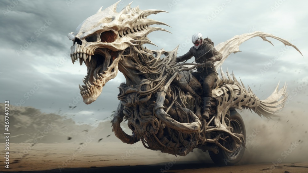 A fantasy-themed rider in armor navigates a skeletal dragon-like motorcycle through a barren wasteland. The scene captures motion, adventure, and a hint of dystopia. A fantasy-themed rider in armor navigates a skeletal dragon-like motorcycle through a barren wasteland. The scene captures motion, adventure, and a hint of dystopia.