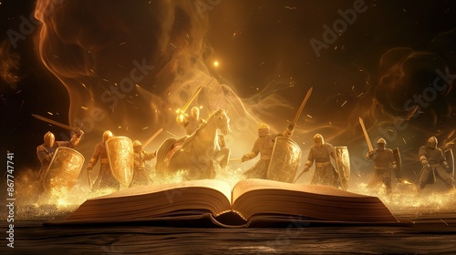 an ancient book of fairy tales, above it holograms of fighting knights
