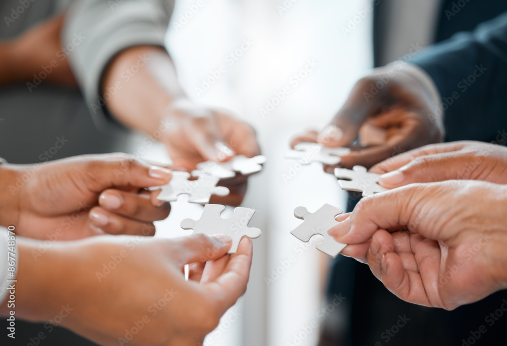 Teamwork, hands and business people in office with puzzle, problem solving and critical thinking for ideas. Law firm, lawyers and jigsaw piece for situation, knowledge and solution in collaboration Teamwork, hands and business people in office with puzzle, problem solving and critical thinking for ideas. Law firm, lawyers and jigsaw piece for situation, knowledge and solution in collaboration