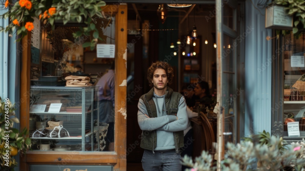 A man stands confidently in front of a warm and inviting shop entrance, bathed in natural daylight, showcasing a cozy and welcoming atmosphere for potential visitors. A man stands confidently in front of a warm and inviting shop entrance, bathed in natural daylight, showcasing a cozy and welcoming atmosphere for potential visitors.