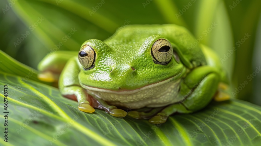 A close-up image of a green frog with expressive eyes resting on a vivid green leaf, highlighting the serenity and vibrancy of the natural world around it. A close-up image of a green frog with expressive eyes resting on a vivid green leaf, highlighting the serenity and vibrancy of the natural world around it.