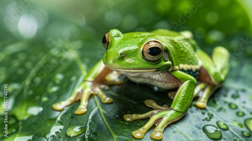 A detailed close-up image of a green frog with intricate markings, sitting on a water-dappled green leaf, highlighting the natural beauty and textures after rainfall. © Major