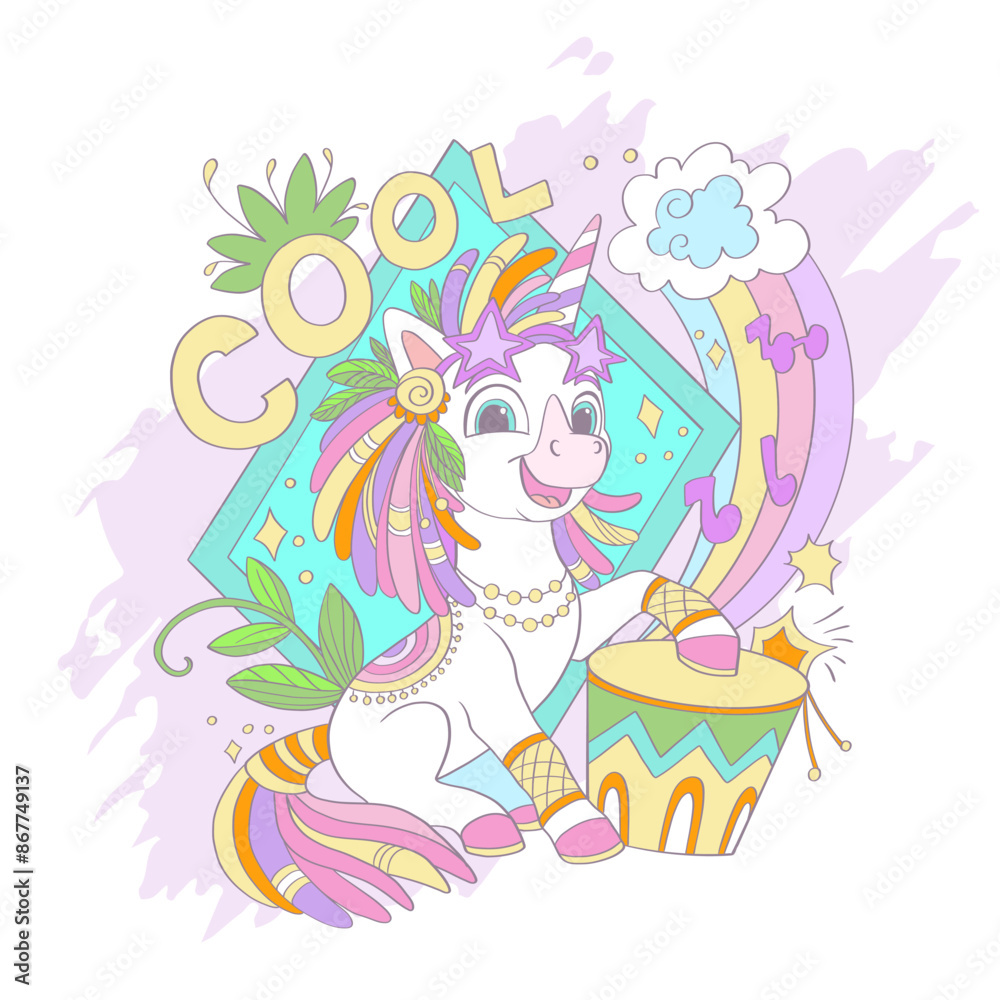 Cute unicorn with a drum card vector illustration Cute unicorn with a drum card vector illustration