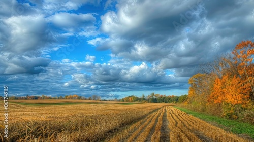 Autumn rural scenery beneath cloudy sky HDR photograph #867749115