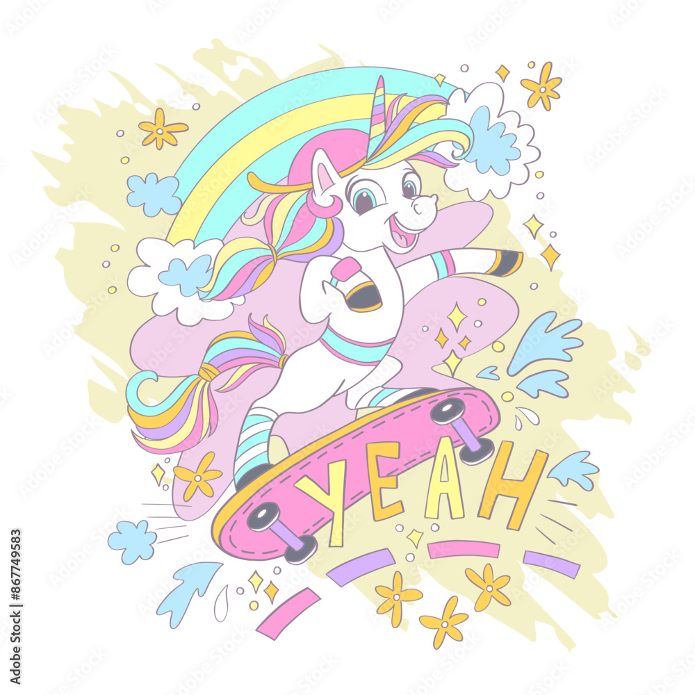 Cute unicorn on a skateboard card vector illustration Cute unicorn on a skateboard card vector illustration