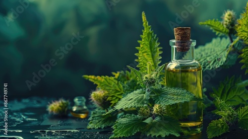 Stinging nettle essence for cosmetic oils extraction on dark background photo