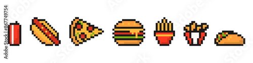 Pixel fast food icon. Appetizing slice of pizza with pixelated hamburger and taco with fried wings and vector fries