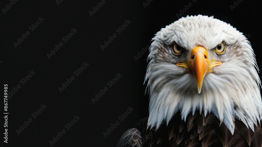 Bald eagle portrait with intense gaze black backdrop room for text Bald eagle portrait with intense gaze black backdrop room for text