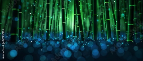 Futuristic bamboo forest with floating digital particles, photorealistic, neon accents photo