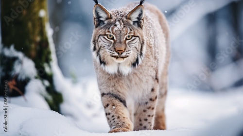 A lynx making its way confidently through a snow-draped forest, with its sharp eyes and magnificent fur standing out, capturing the essence of winter wildlife. © Major