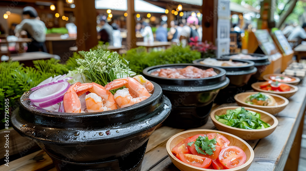 Obraz premium Sashimi and shrimps in a bowl on wooden table