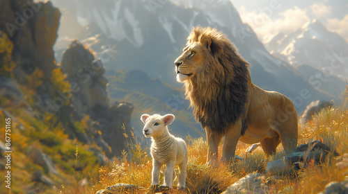 Jesus Christ: Lamb of Sacrifice, Lion of Triumph. The duality of Jesus. Lion and lamb in the meadow at sunset. Animal portrait. 