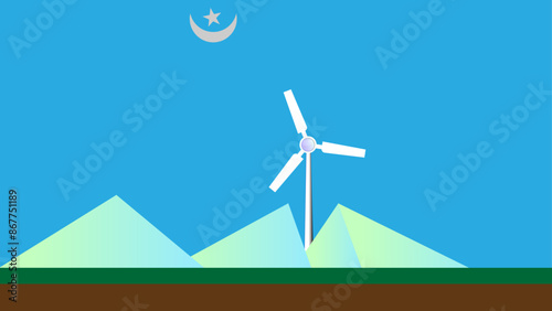 wind turbine on the horizon,turbine under blue sky,turbine in the middle of the mountains