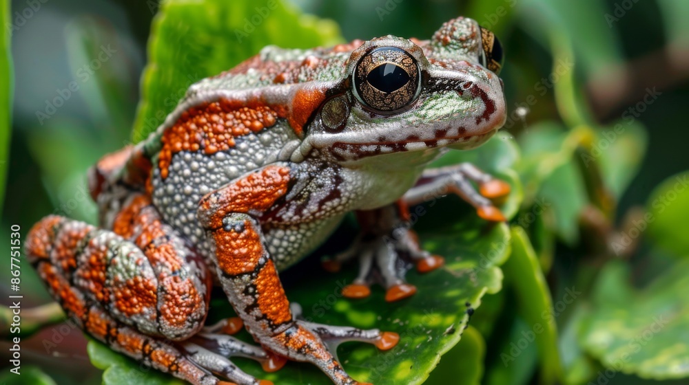 The image features a colorful frog with intricate patterns on its skin, sitting on a green leaf, showcasing the vividness and textures of its natural habitat. The image features a colorful frog with intricate patterns on its skin, sitting on a green leaf, showcasing the vividness and textures of its natural habitat.