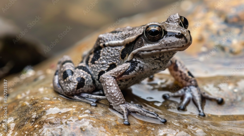 Obraz premium The image captures a gray frog with distinctive black spots sitting on a wet, rocky surface, illustrating the amphibian's adaptive nature and its rugged habitat.