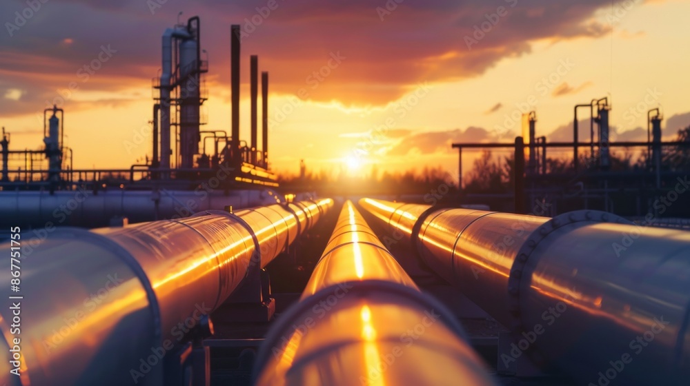 A close-up view of pipelines at an industrial plant with the setting sun in the background A close-up view of pipelines at an industrial plant with the setting sun in the background