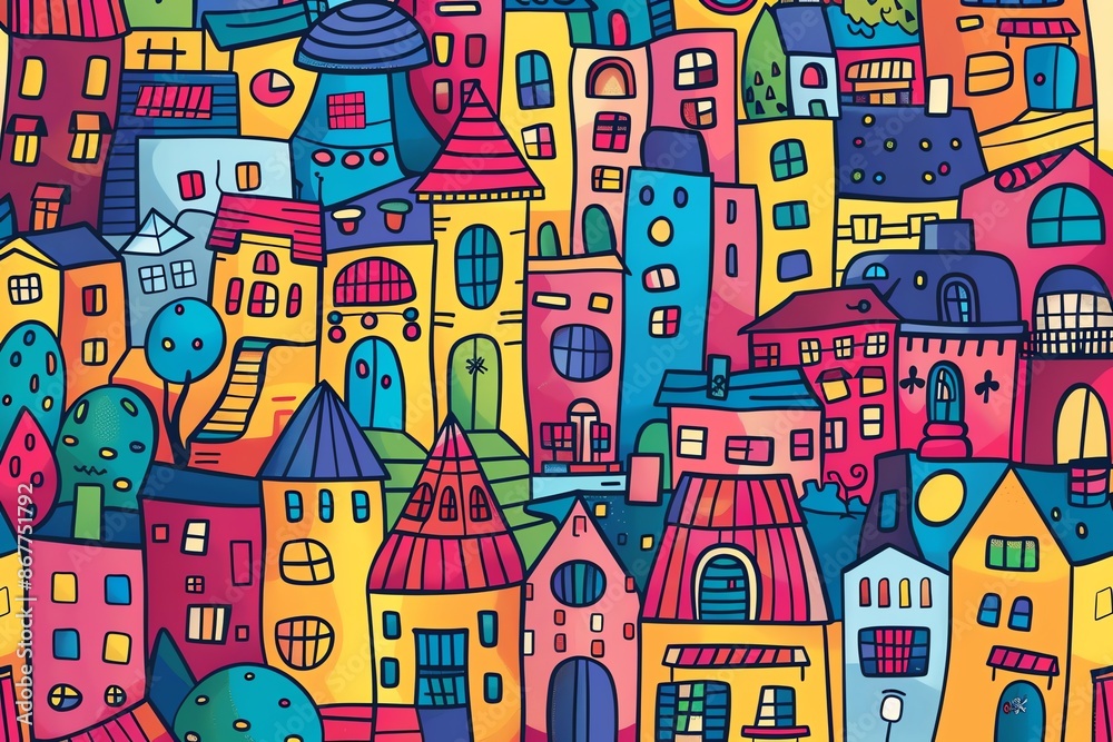 Whimsical urban landscape with fun illustrations and bright colors