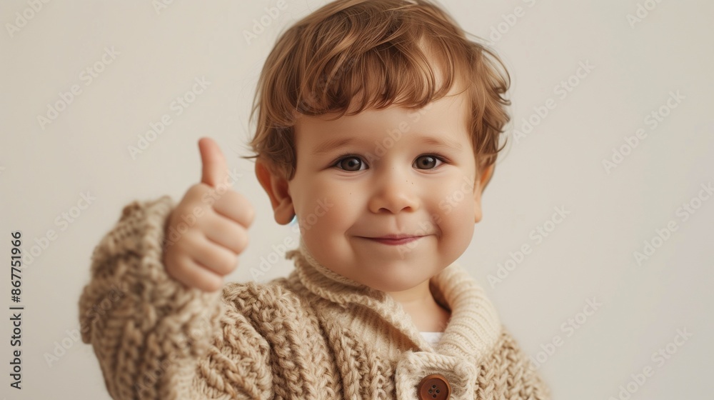 Happy Child Giving a Thumbs Up in Cozy Knit Sweater Happy Child Giving a Thumbs Up in Cozy Knit Sweater