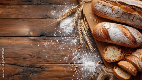 Bread bakery background top food view fresh white wheat loaf. Background food flour bakery top bread slice pastry brown breakfast bake organic cut table french grain baguette board wood whole wooden