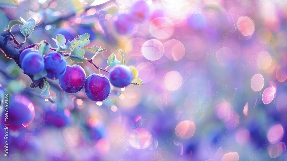 Summer background. Blurred plum orchard and a plum tree with ripe purple plums on branches in focus, shimmering in rich violet hues. Summer background. Blurred plum orchard and a plum tree with ripe purple plums on branches in focus, shimmering in rich violet hues.