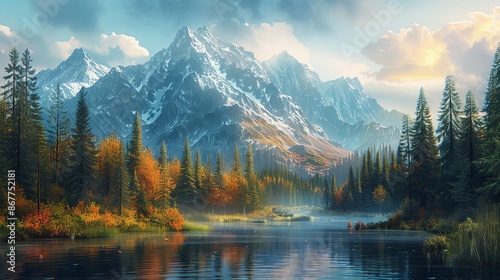 Serene mountain lake with snow-capped peaks and fall foliage. photo