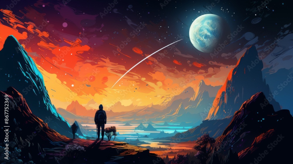 Fototapeta premium A lone human figure stands on an alien landscape, with towering mountains and mesmerizing moons glowing in a sky lit with cascading hues of orange and blue.