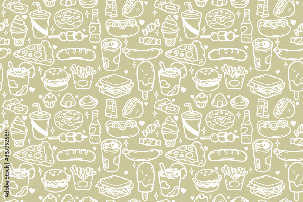 Fast food background, vector pattern of hamburgers, soda, donuts, pizza, etc. Fast food background, vector pattern of hamburgers, soda, donuts, pizza, etc.