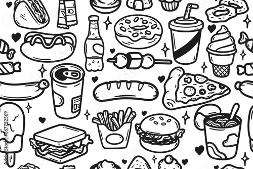 Fast food background, vector pattern of hamburgers, soda, donuts, pizza, etc. Monochrome simple and stylish pattern on the theme of fast food.