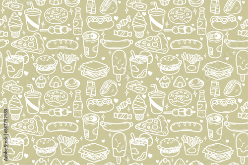 Fast food background, vector pattern of hamburgers, soda, donuts, pizza, etc.